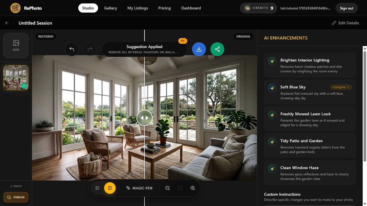 Before and after comparison of a dark real estate interior brightened with AI