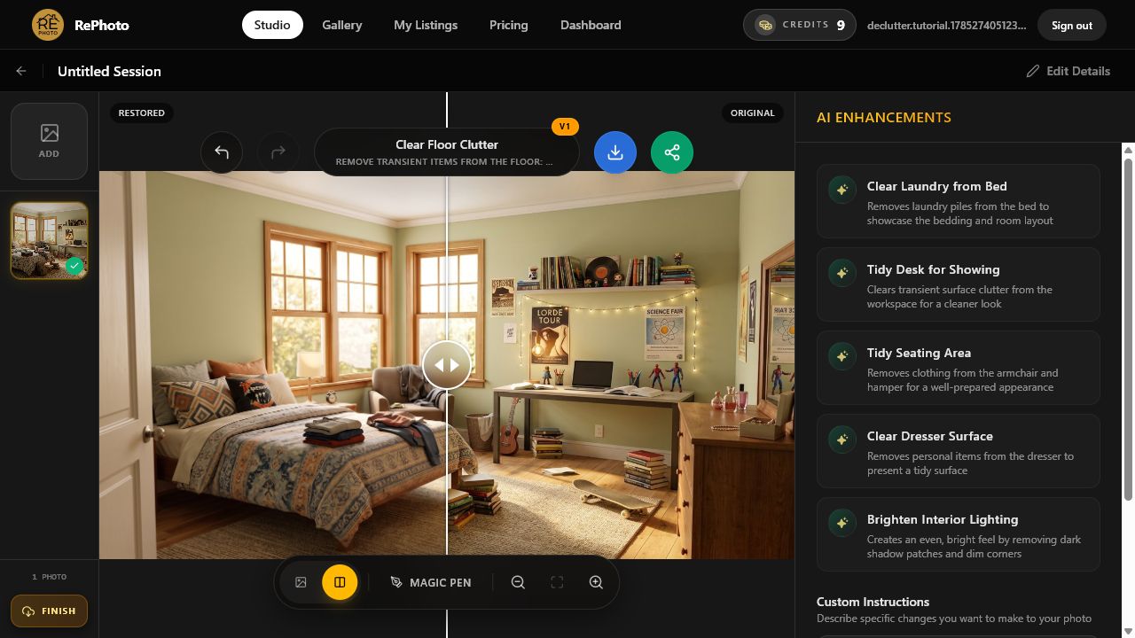 Before and after comparison after removing floor clutter from a real estate bedroom photo with AI