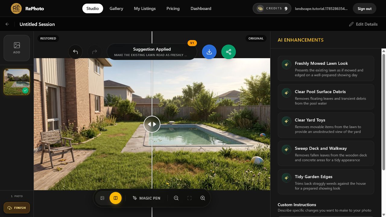 Before and after comparison of an overgrown real estate lawn virtually mowed with AI