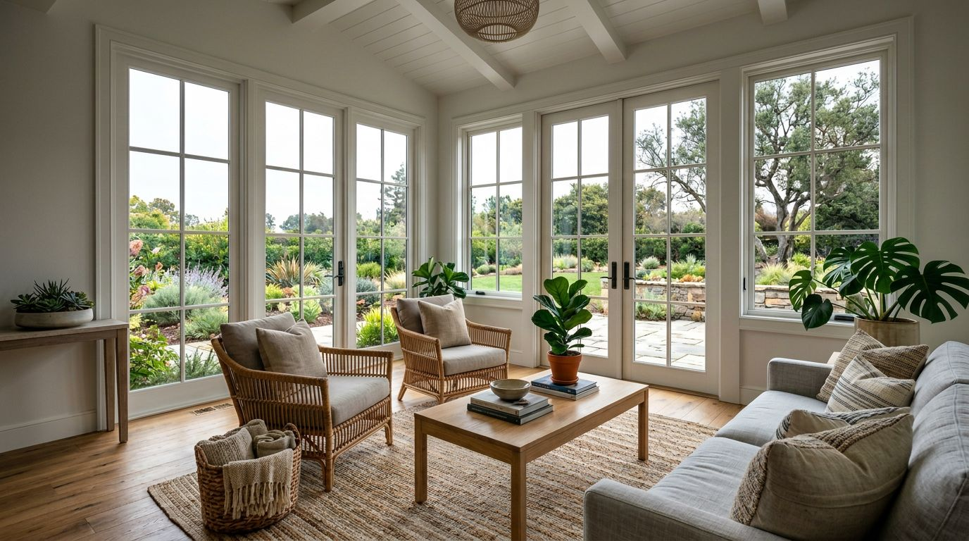 Same interior balanced with HDR — windows recovered, shadows lifted by RePhoto AI