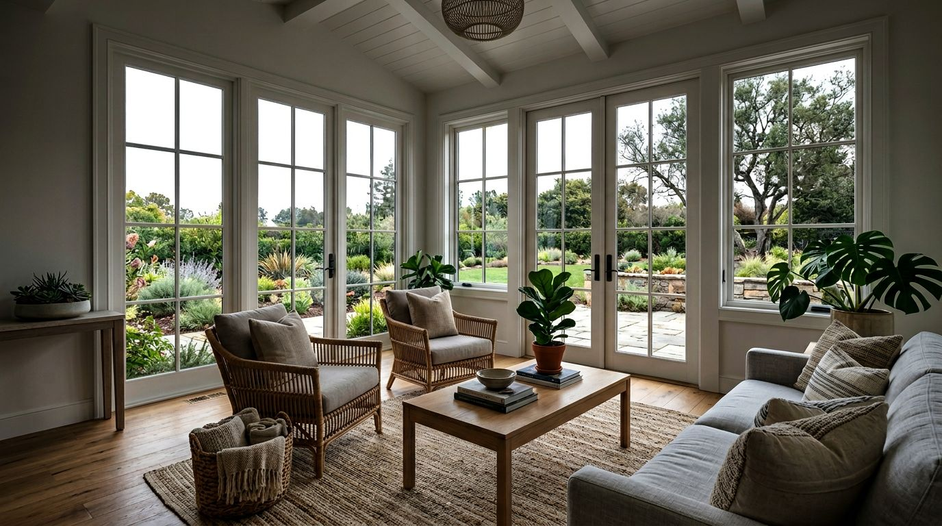 Dark, underexposed real estate interior photo with blown-out window view