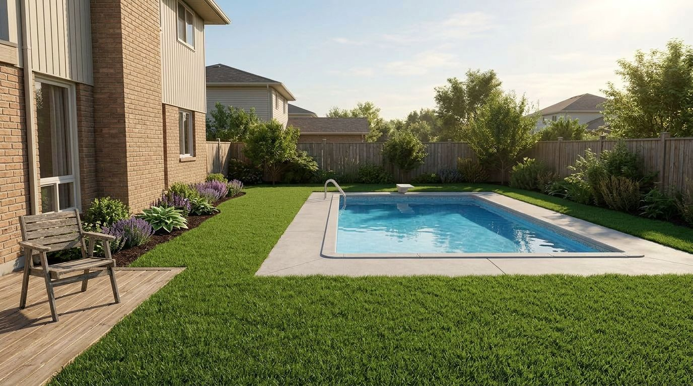 Same backyard with lush green lawn and crystal blue pool by RePhoto AI