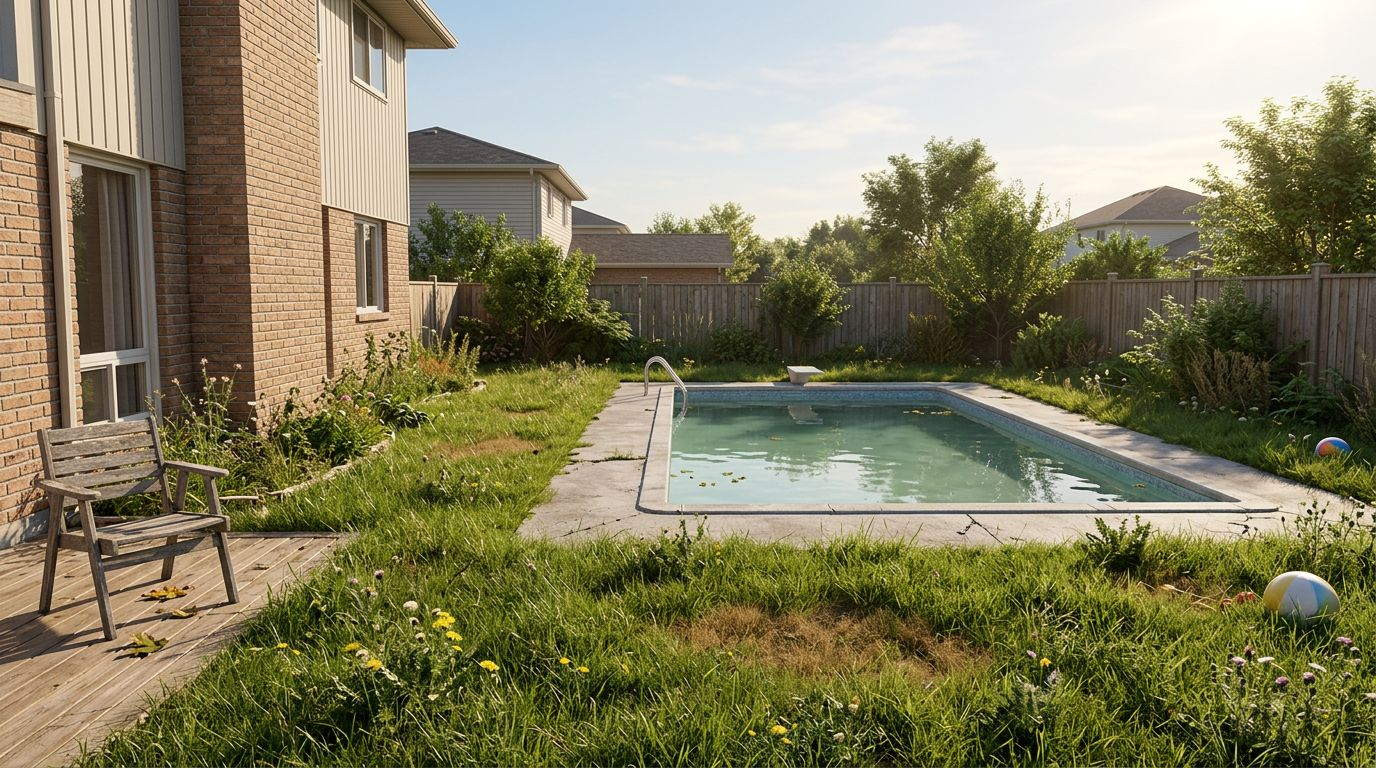 Overgrown backyard with dead grass and green pool water before AI landscaping