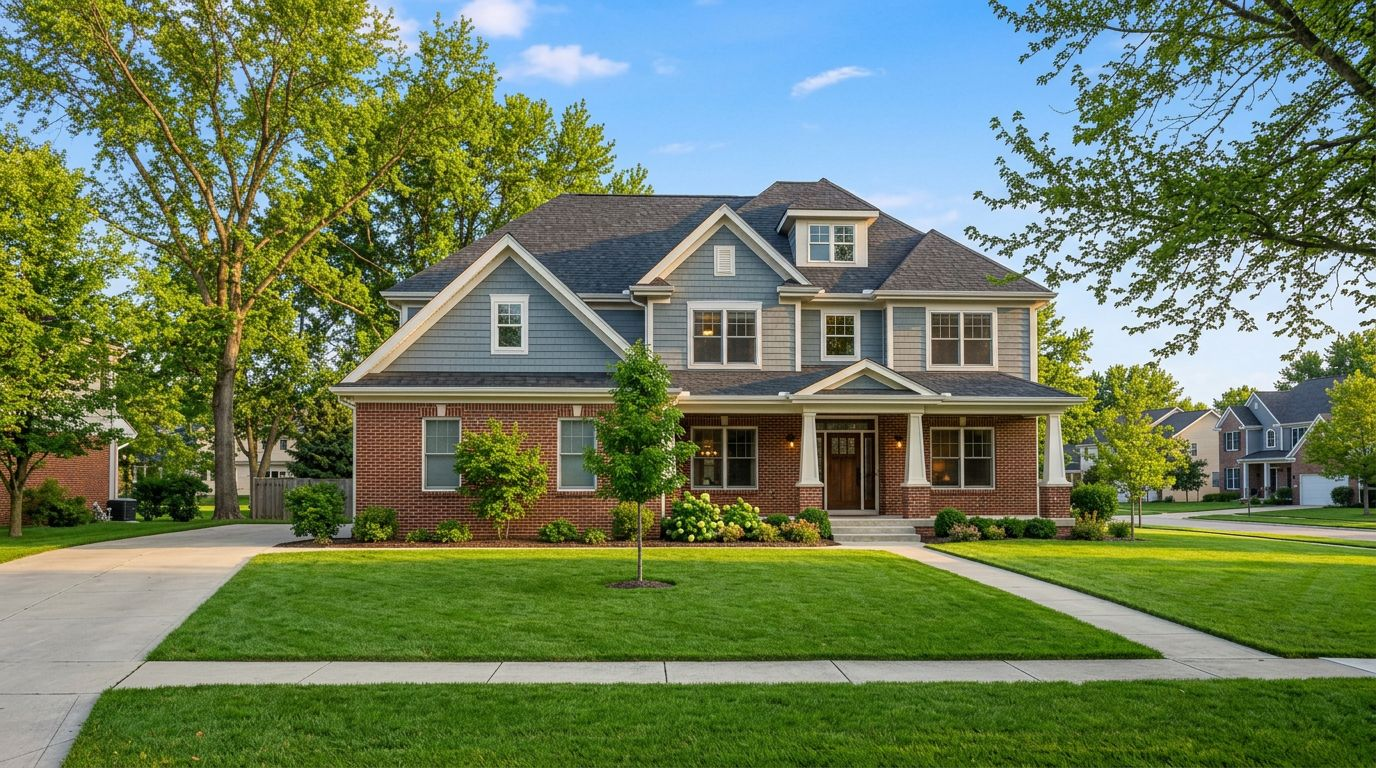 Same exterior in summer with green leaves and vibrant lawn by RePhoto AI
